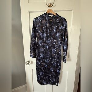 Vince Plumeria Blooms Long Sleeve Hammered Satin Dress XXS 2XS $445